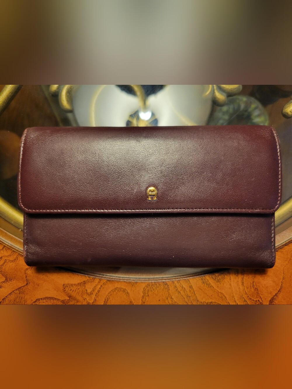Vintage Authentic Etienne Aigner Burgundy Leather Wallet/Clutch, Goldtone Logo